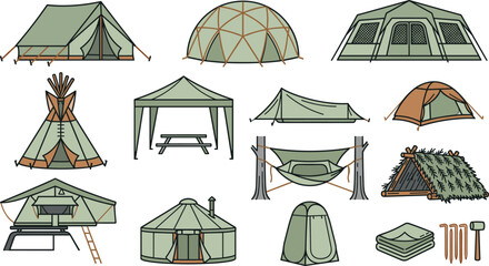 Camping Tent and Outdoor Shelter Vector Collection with Family Tents, Teepee, Glamping, Hammock, Survival Shelter, and Campsite Equipment Icons © MstSuborna