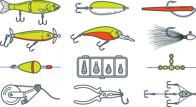Fishing Lure and Tackle Equipment Vector Collection with Crankbait, Spinner, Jig, Float, Swivel, Hooks, and Angling Accessories Icons