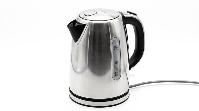 Close up of shiny stainless steel electric kettle on white background with power cord