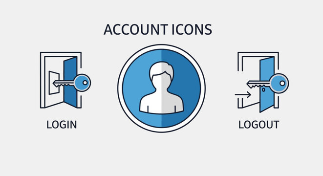 Flat design login and logout account icons set.