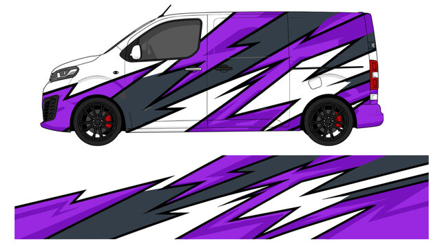 White van with purple and black geometric racing decals