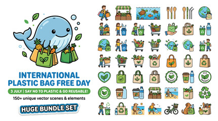 Fototapeta premium International Plastic Bag Free Day bundle, eco friendly zero waste icons, 150 plus unique vector scenes and elements for environmental sustainability