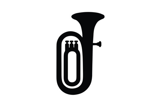 Black silhouette of a classical tuba brass instrument on a clean white background representing music school marching band orchestra lessons and musical concert performance vector illustration