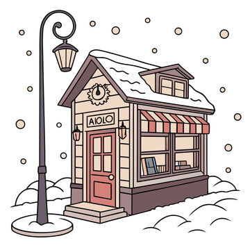 A charming small shop named aiolo with a striped awning and a street lamp, set in a snowy winter scene with falling snowflakes and drifts