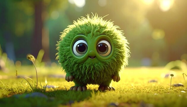 Adorable fluffy green character standing in sunny meadow outdoors with character creature adorable outdoors sunlight