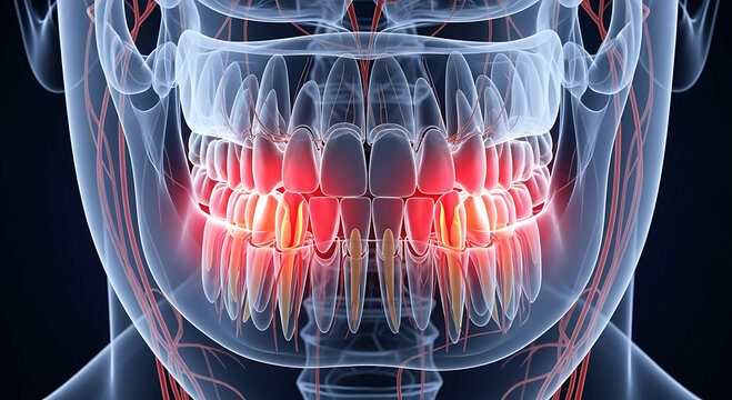 Human teeth anatomy 3d illustration with jaw pain red glow dental care