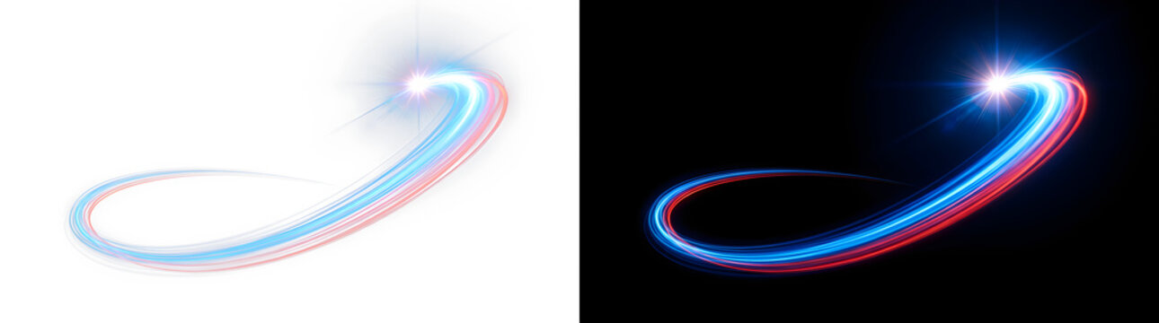 Dynamic glowing light trails featuring vibrant blue and red energy streaks circling a brilliant central star point isolated on both white and black backgrounds for high impact visual graphic design.