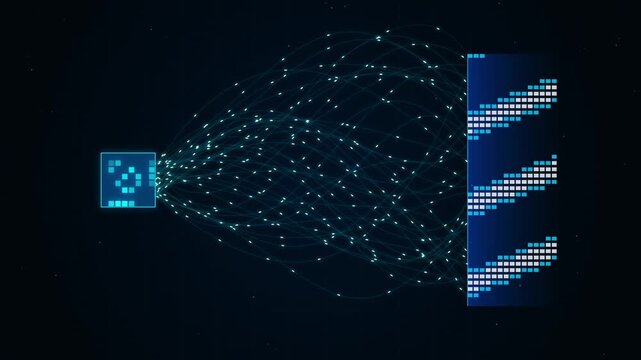 Abstract digital data flow from a blue square to a vertical array of blue and white blocks, representing information transfer, network connections, and data processing