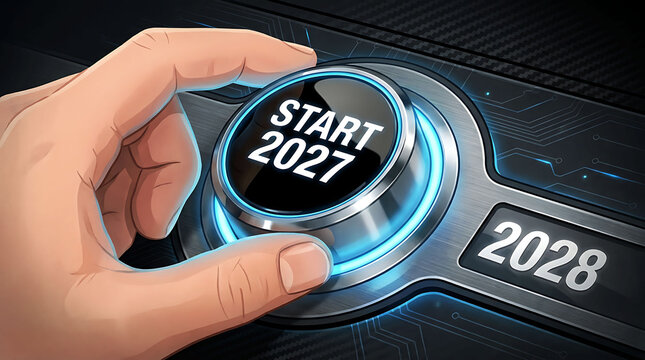 Hand turning futuristic start 2027 button with 2028 new year goals