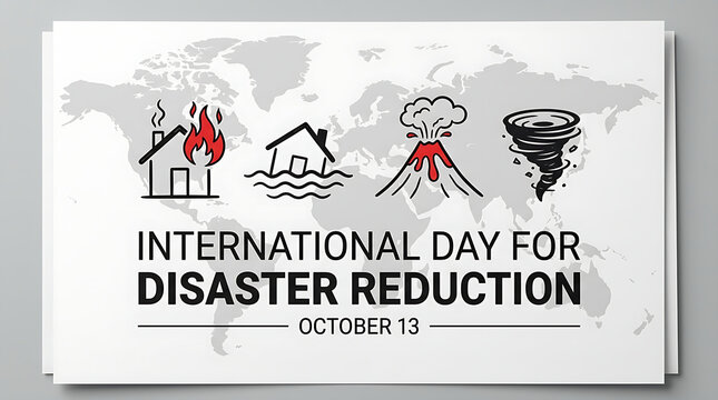 Educational poster celebrating International Day for Disaster Reduction on October 13 featuring minimalist global disaster risk icons.