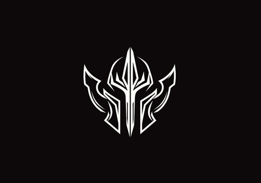 Stylized white gladiator helmet logo on black background