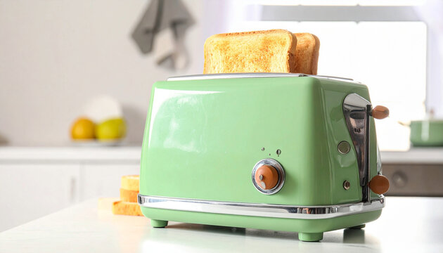 Turquoise retro toaster makes golden toast on clean kitchen counter. Warm light shines on appliance for breakfast. Old style gadget offers fresh bread slices