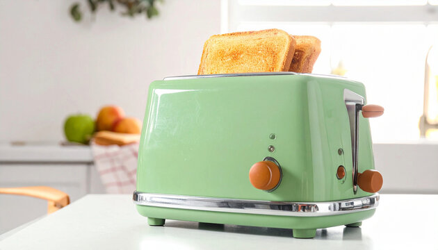Turquoise retro toaster makes golden toast on clean kitchen counter. Warm light shines on appliance for breakfast. Old style gadget offers fresh bread slices