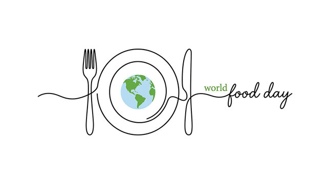 Continuous line art illustration for World Food Day showcasing a globe on a plate between a fork and knife.