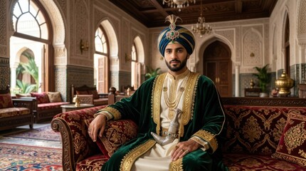 Obraz premium Man in Traditional Royal Attire Sitting on Ornate Sofa in Palace Interior.