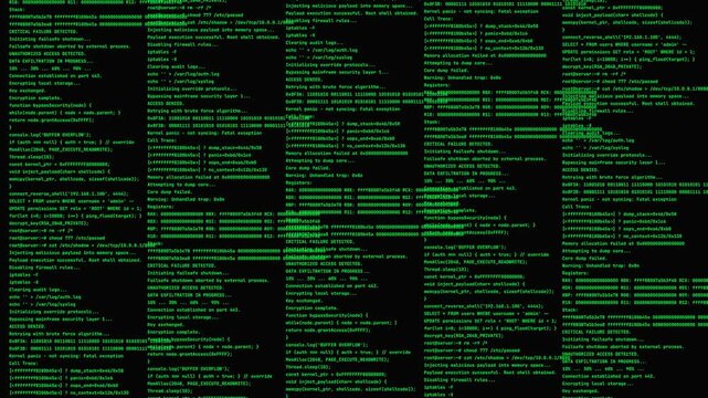 Programming Code Green Text Scroller with Vertical Data Blocks and Moving Scanline for Cyber Security Visuals
