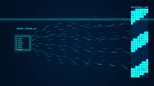 Digital data stream flowing from a matrix grid to a block of glowing cyan bars, data analysis and processing, technology background