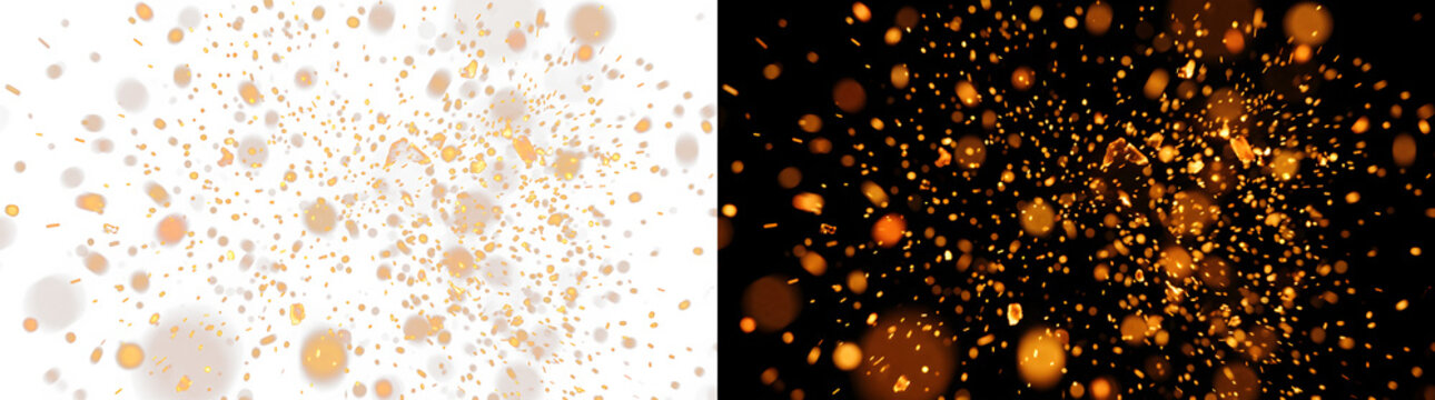 Abstract gold dust particles floating overlay isolated on black and white