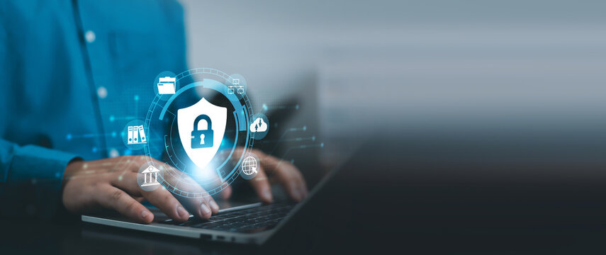 Cybersecurity and data protection concept featuring secure network, cloud security, encryption, digital privacy, identity protection, cyber defense, secure access and enterprise information security.