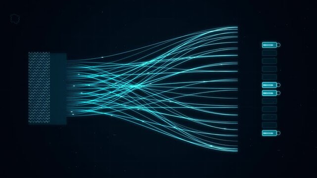 Abstract digital data flow processing, blue particles streaming into organized blocks, technology background