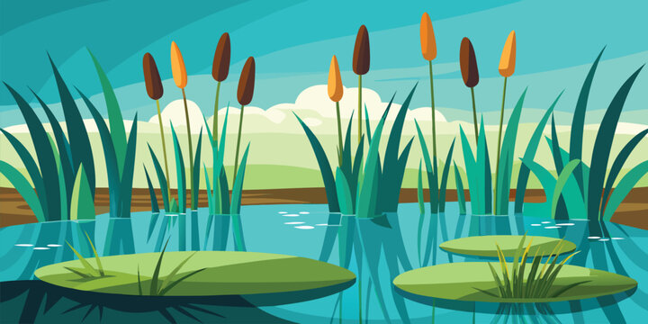 Pond scene with green lily pads and tall cattail plants under a bright blue sky with soft clouds