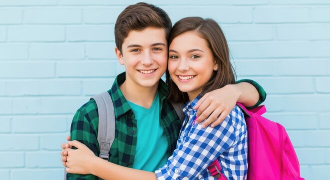 Teenage boy and girl hugging against a light blue brick wall