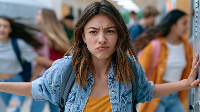 Teenage girl pressing palms flat against her school locker in a crowded hallway on the first day back, backpack straps digging into her shoulders, other students rushing past blurred, her jaw clench