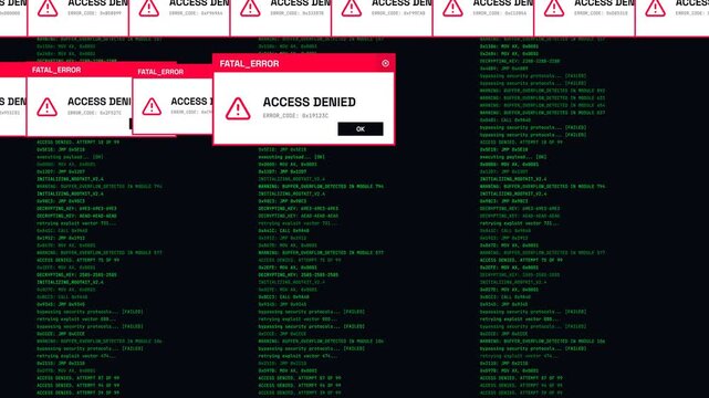 Access Denied UI pop-up windows multiplying over green terminal programming code for hacking simulation and cyber security visuals.