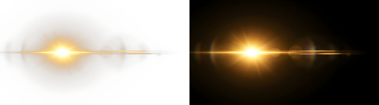 Horizontal gold sun lens flare streak isolated on black and white background