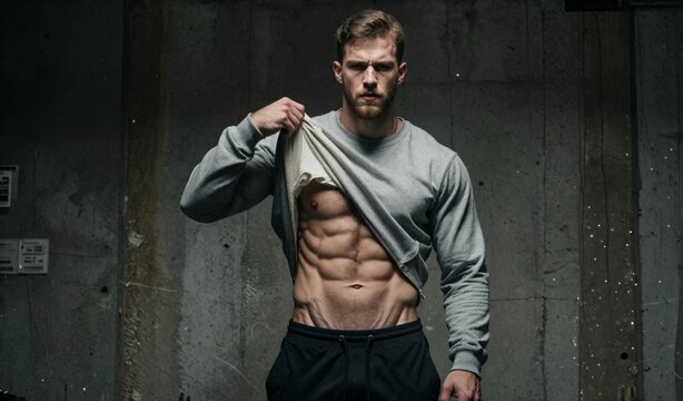 Muscular Man Shirt Pulling Reveal Abs Fitness Bodybuilding Gym Workout Portrait