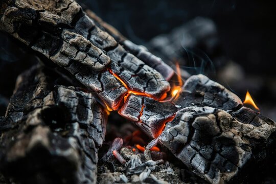 Close up shot of burning charcoal with glowing embers and small flames in a dark setting emitting smoke.