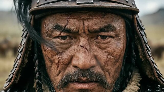 Close up portrait of a weathered Japanese samurai warrior with deep facial scars staring intensely at the camera wearing traditional dark metal lamellar armor and a rough woven helmet outdoors in a fi