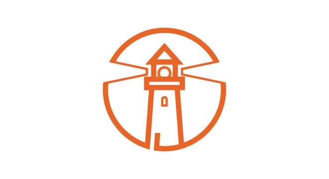 Minimalist orange lighthouse beacon logo in circular frame.