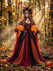Obraz premium Woman in gothic gown stands in forest holding jack-o-lanterns on autumn day