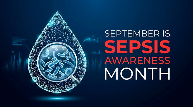 September sepsis awareness month digital water drop with bacteria microscopic