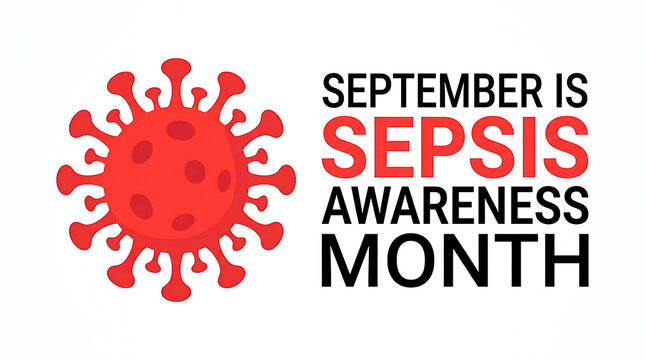 Sepsis awareness month graphic design with red virus cell icon, awareness