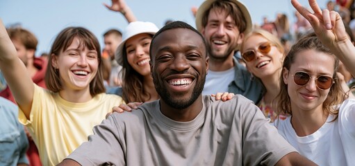 Fototapeta premium A Black man in a wheelchair surrounded by diverse friends at a lively outdoor festival celebrating inclusion.