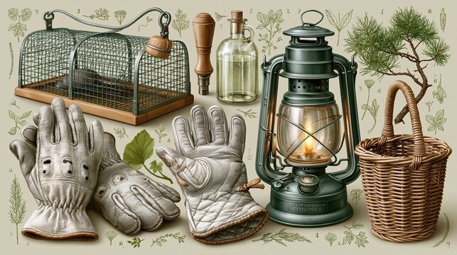 Ratcatcher's Day: Botanical-style illustration featuring vintage ratcatching tools trap, lantern, gloves arranged like a scientific specimen chart, delicate line work