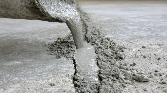 Wet concrete being poured into a floor crack. Repairing damaged industrial or residential cement surfaces.