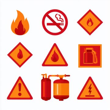 A collection of warning icons that show various fuel safety symbols including flammable flames, no smoking signs, and hazmat warnings.