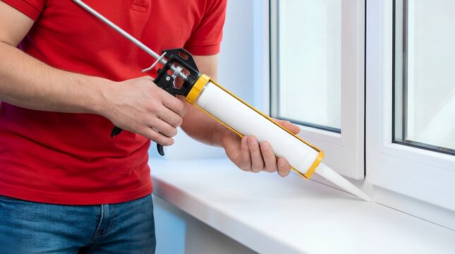 Handyman Applying White Silicone Caulk for Plastic Window Caulking Service