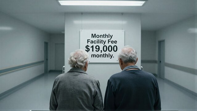 Two elderly people stand in a hallway, staring at a $19,000 monthly facility fee sign.