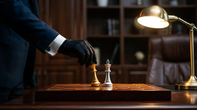 Business executive making strategic move in chess game with strategy, business