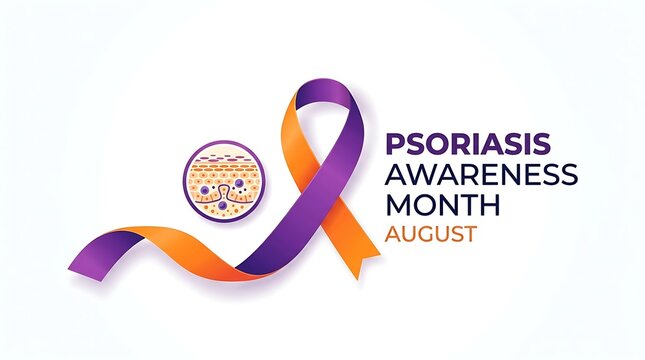 Psoriasis awareness month august banner with symbol ribbon and skin cells