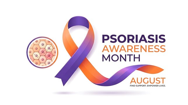 August psoriasis awareness month banner with ribbon and microscopic cells