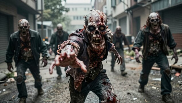 Creepy horde of zombies shambling down the street towards the viewer