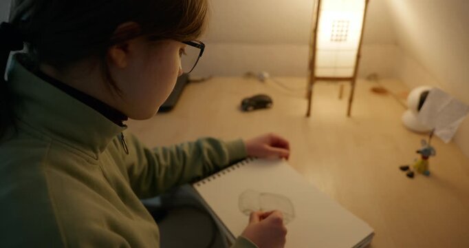 Girl Draw Pictures With Pencil on Desk Table in Bedroom at Home. 4K 10-bit
