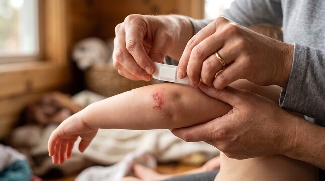 Parent's hands apply antibiotic ointment to a child's scratched arm with a bandage