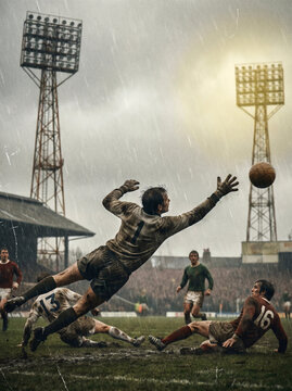 Retro Goalkeeper Diving for Ball in Rainy Soccer Match