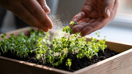 Fototapeta premium Hands caring for young organic microgreens seedlings in soil indoor